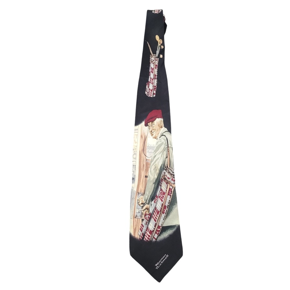 Norman Rockwell One Size Golf Graphic Silk Tie Mens Black Plaid Sport Americana